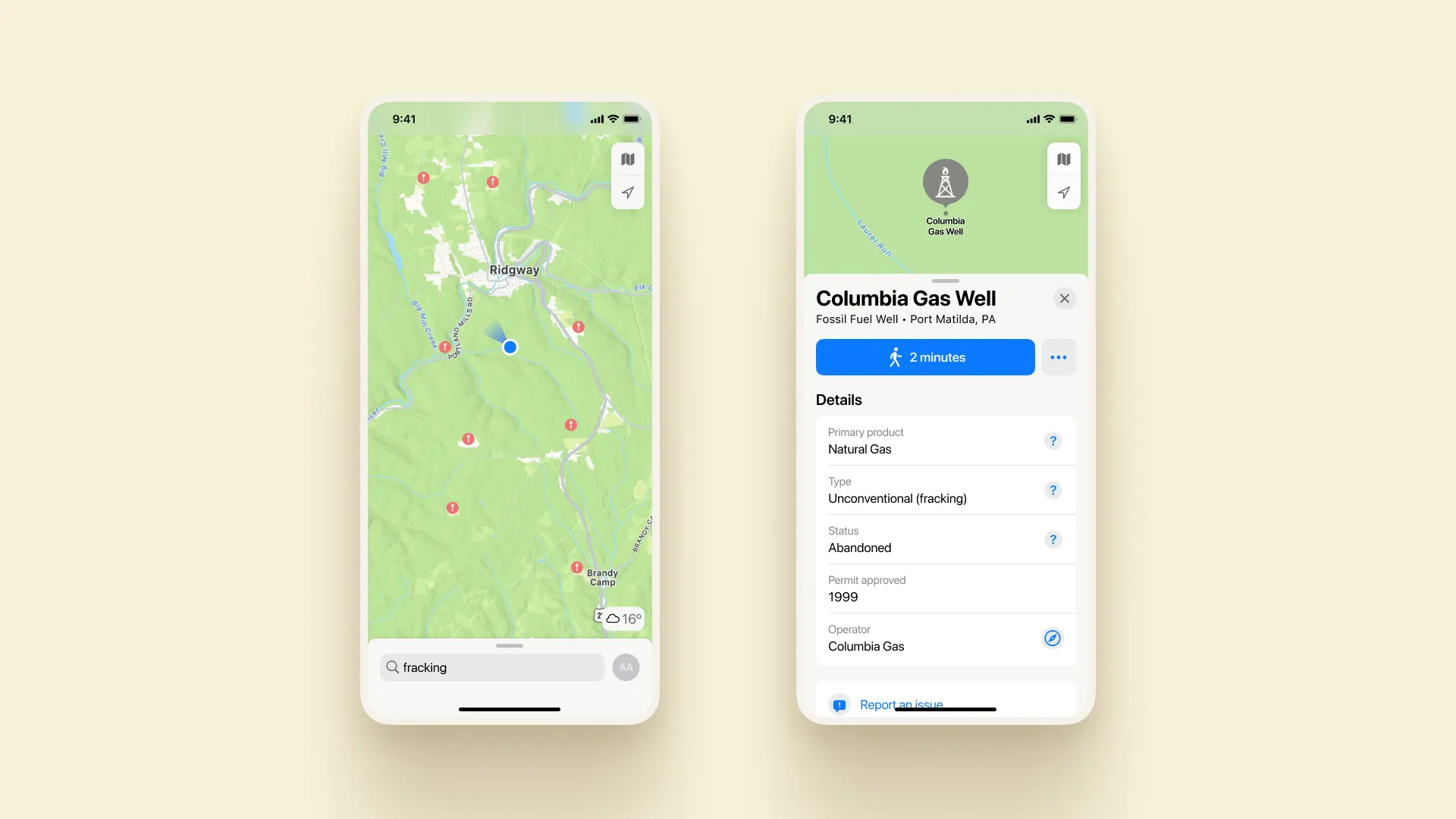 Design mockup of iPhone screens of Apple Maps searching for fracking